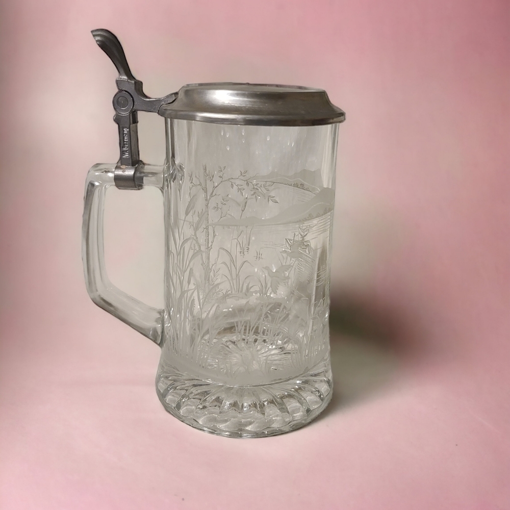 Vintage ALWE Etched Crystal & Pewter Stein